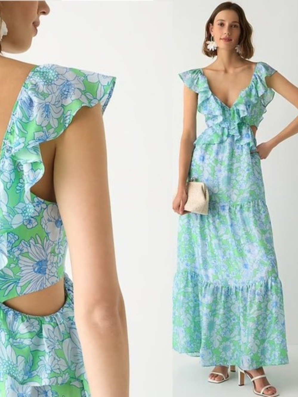 J. Crew Mint and Blue Floral Ruffle V-Neck Maxi Dress